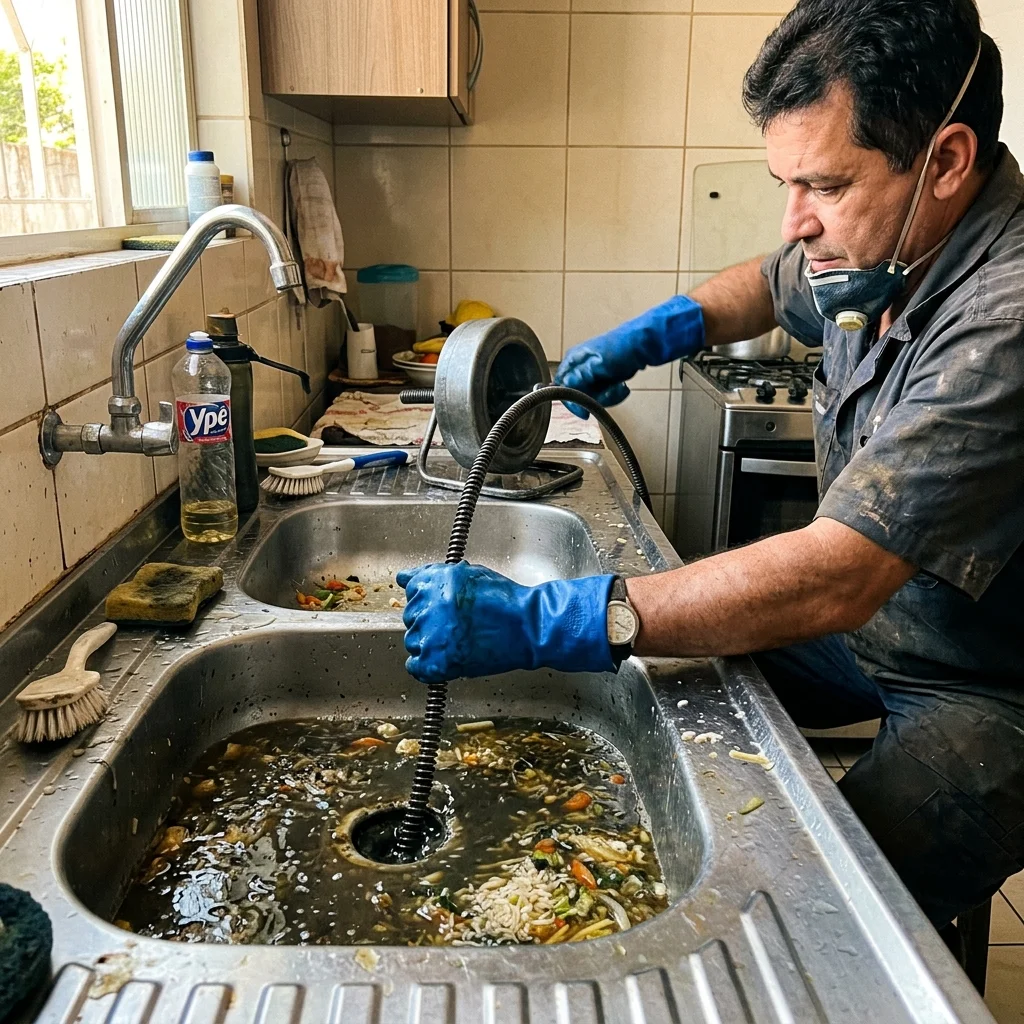Profissional realizando desentupimento de pia de cozinha